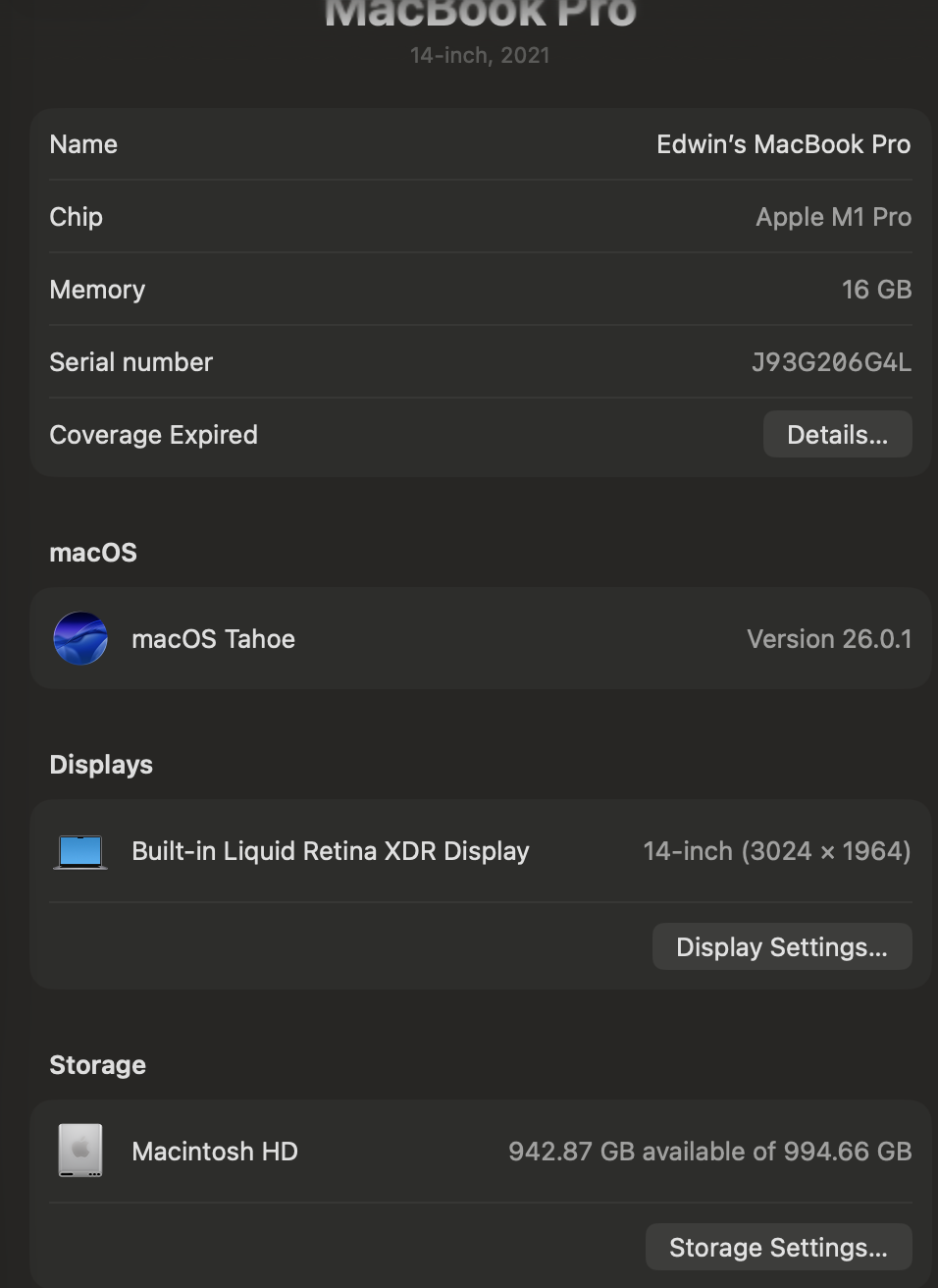 MacBook Pro 14" (2021) – Apple M1 Pro / 16GB RAM / 1TB SSD