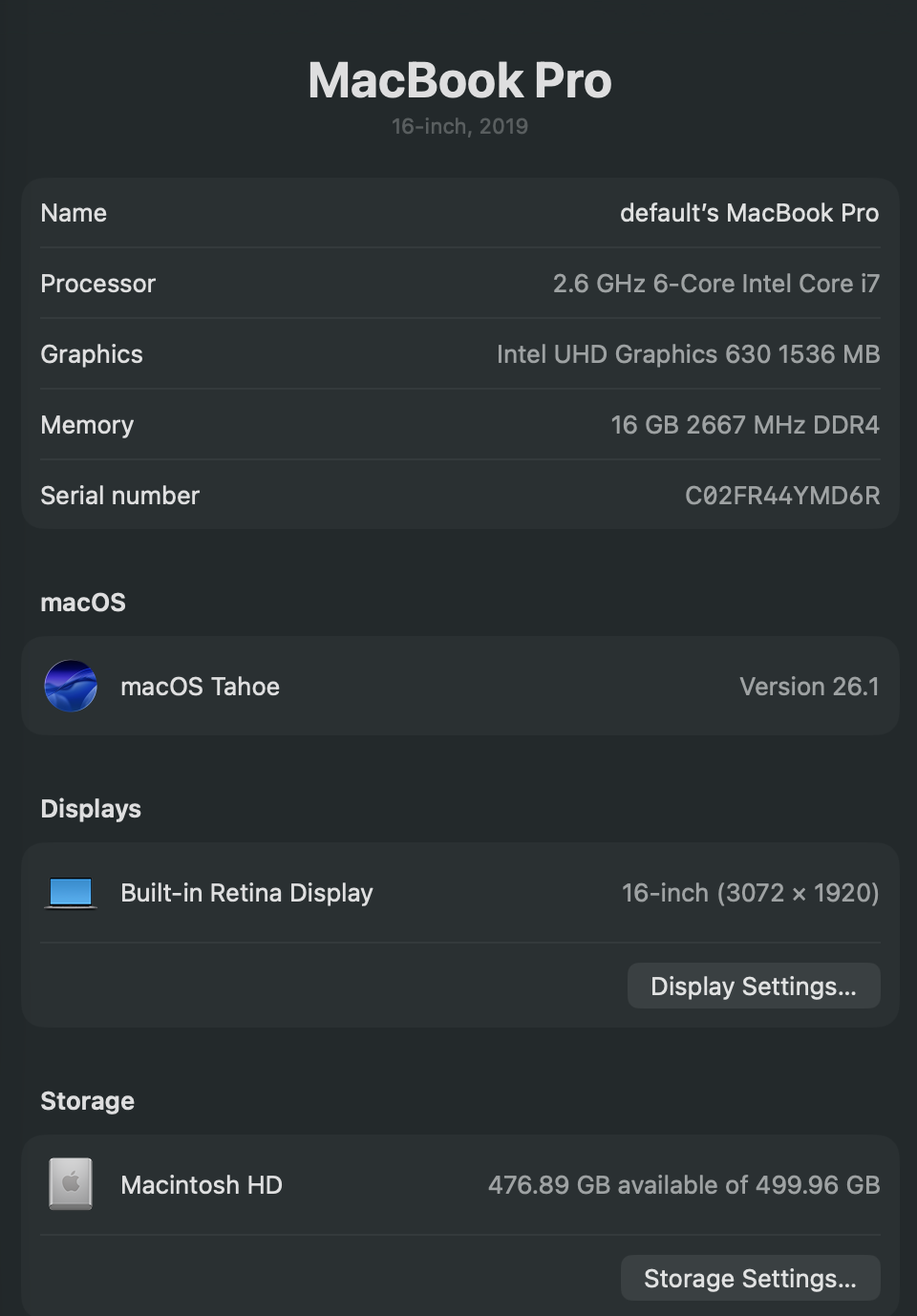 MacBook Pro 16" (2019) – Intel Core i7 / 16GB RAM / 512GB SSD