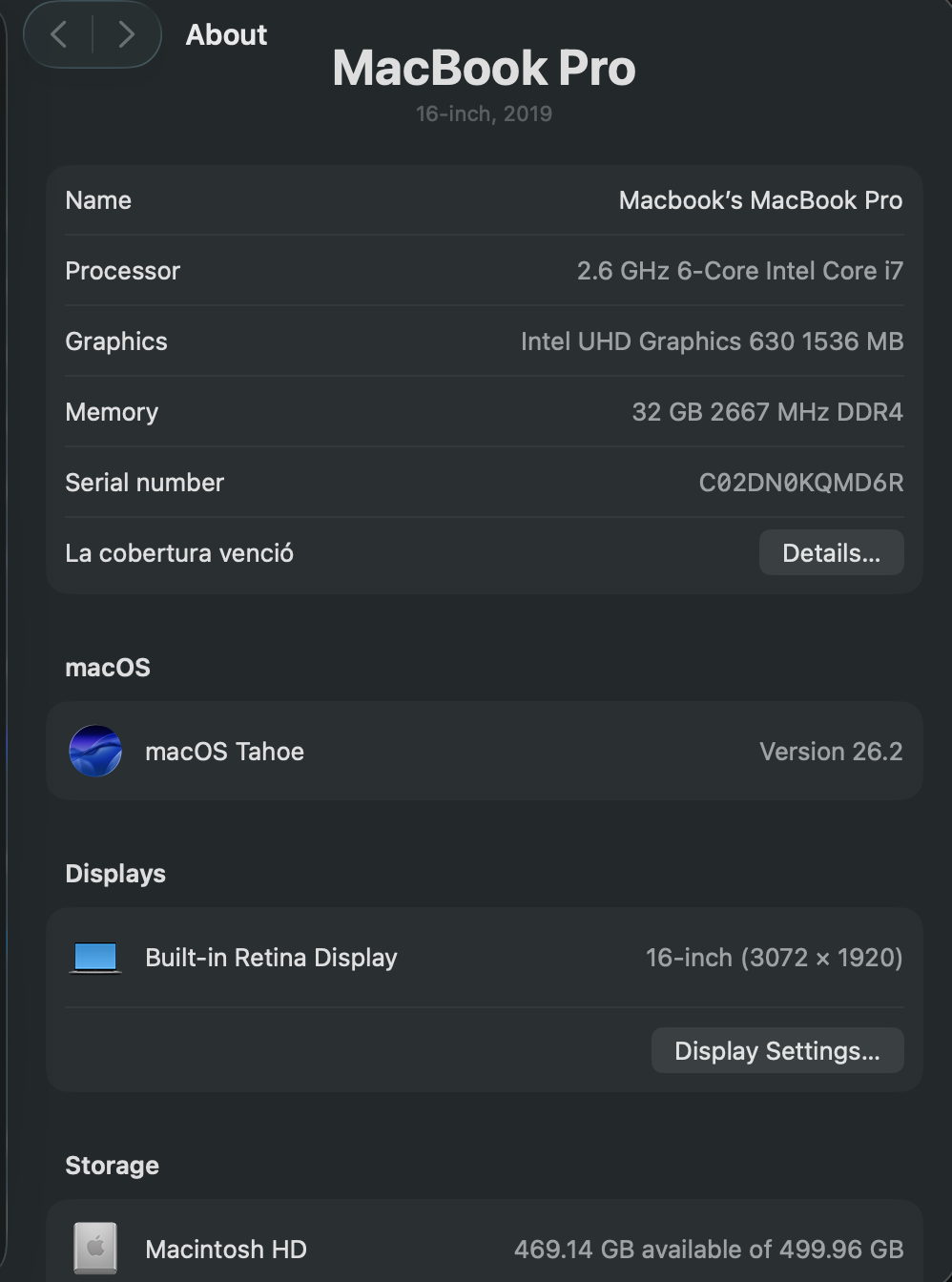 MacBook Pro 16” (2019) – Intel Core i7 / 32GB RAM / 512GB SSD – Gris Espacial