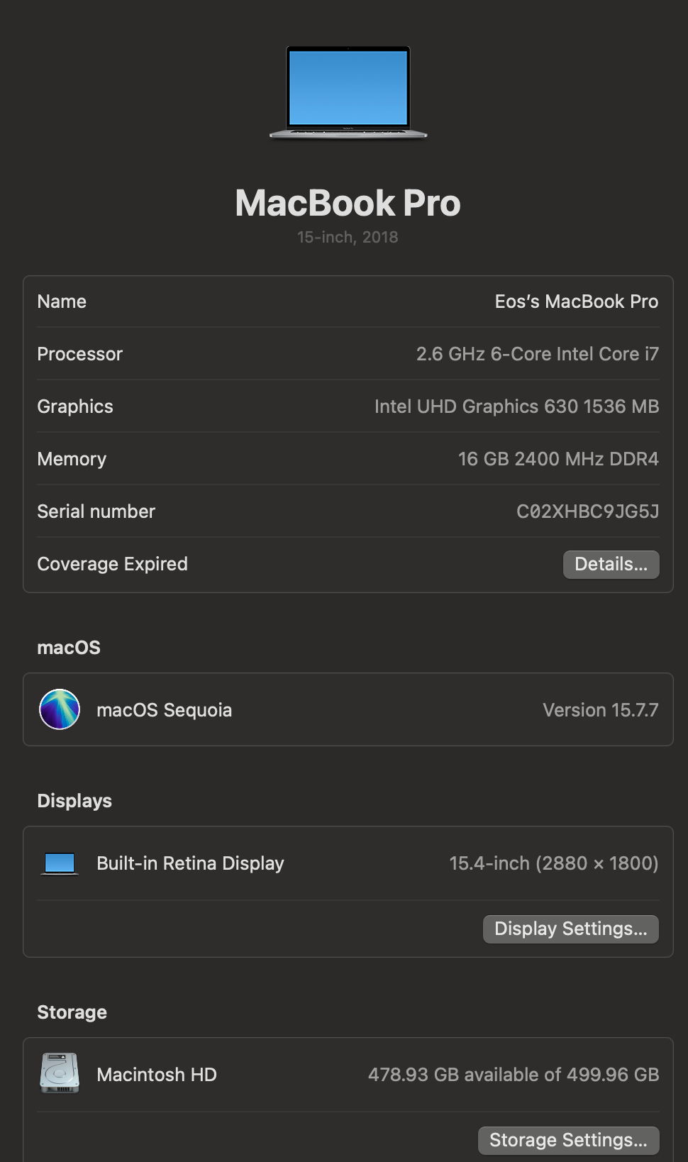 MacBook Pro 15" 2018 — i7 6 núcleos | 16GB RAM | 500GB SSD